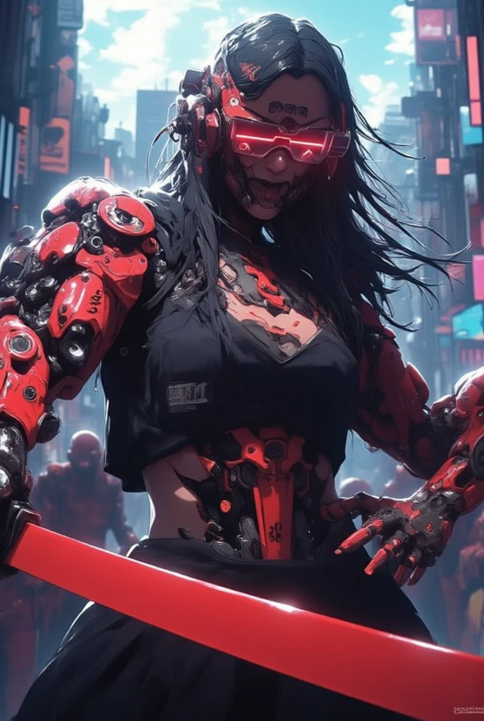 an close up battle sceen from woman with long hair and wearing digital red glasses and black croped top kimono with cyberweres and armors, she fights against several robots in 3D motion perspective view, she is in rage and anger and shouts, She is holding a red cyber katana in her hand with depth of field effect, front of a neon city background with full moon, the camera angle is slightly from bellow, 