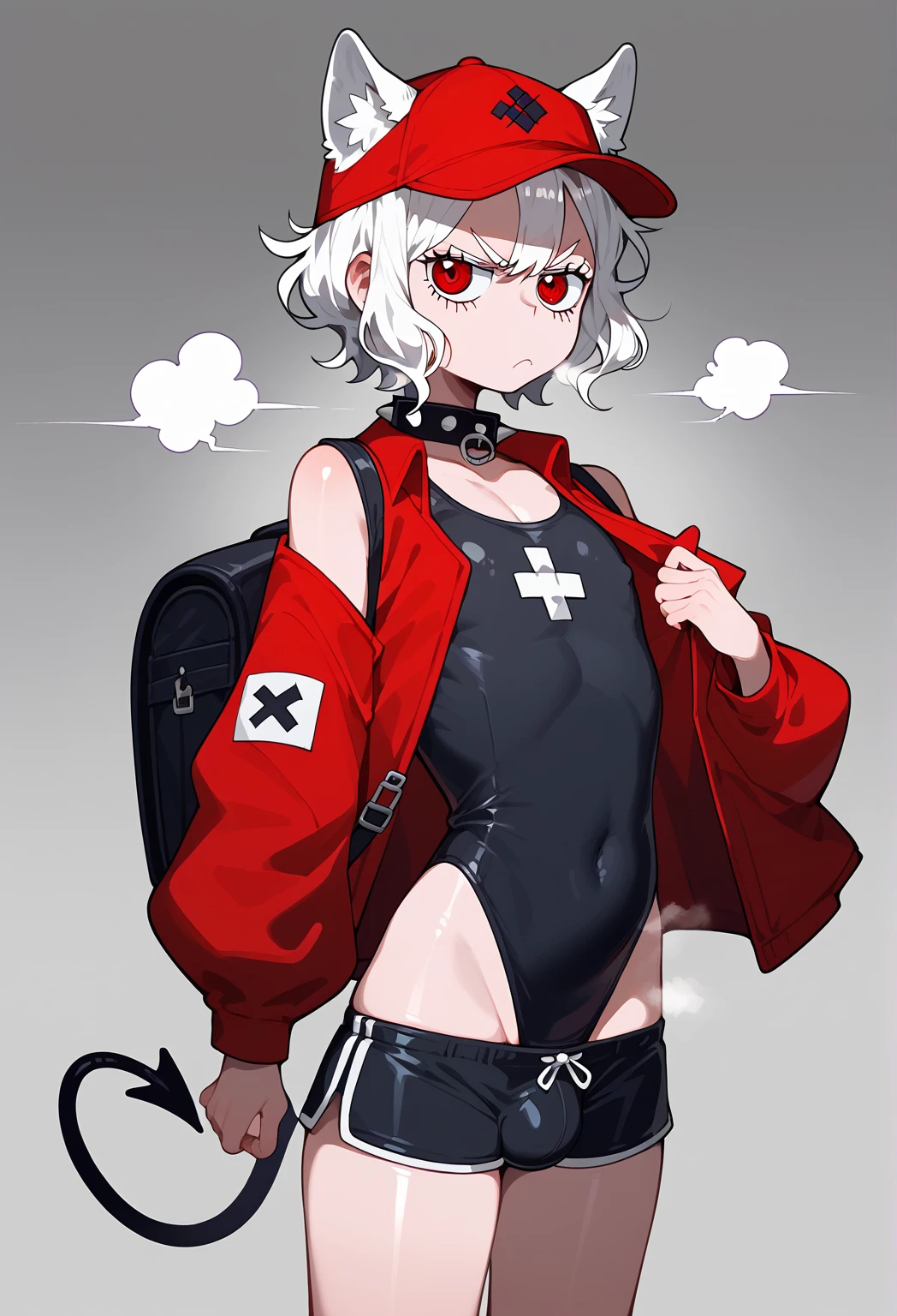 the embodiment of war as a femboy knight, helltaker demon boy 1, dog ears, cerberus, red eyes, short hair, red background, room background, detailed background, background with details, reflections, shadows and lights, black shorts, red eyes, alone, red and gray background, femboy, annoyed, displeased,Red cap, work clothes, pin on chest, steam, spiked collar, cross, carrying delivery backpack, shiny skin, shiny skin, black one piece swimsuit, loose red jacket, bulge in crotch, shorts