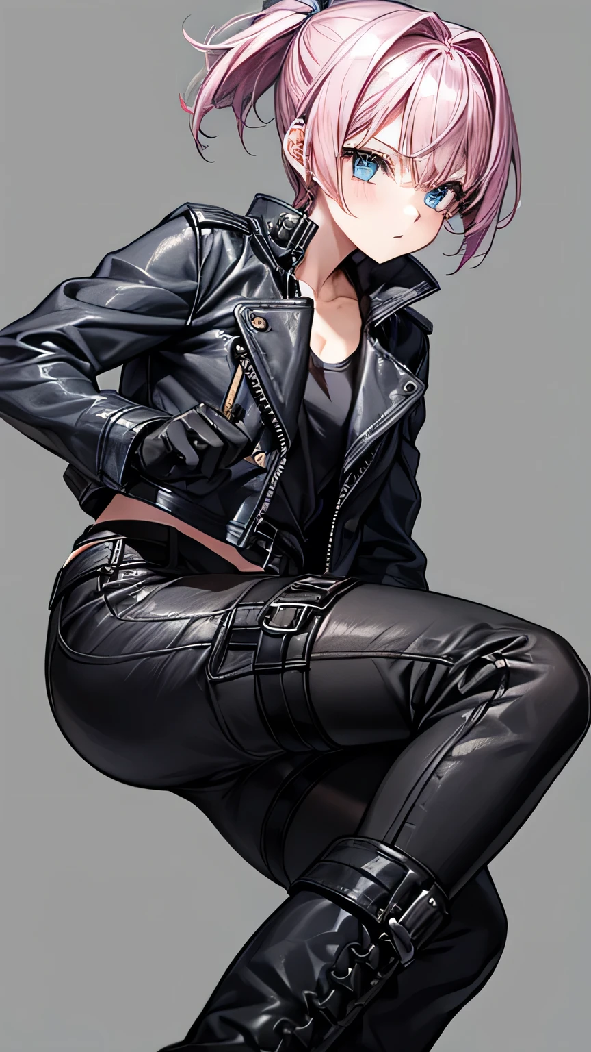   one girl， pink hair， short ponytail ， short hair， light blue eyes， grey leather jacket，black leather pants，black finger cutting gloves  ，  black boots，Around town，  best quality，  Masterpiece 