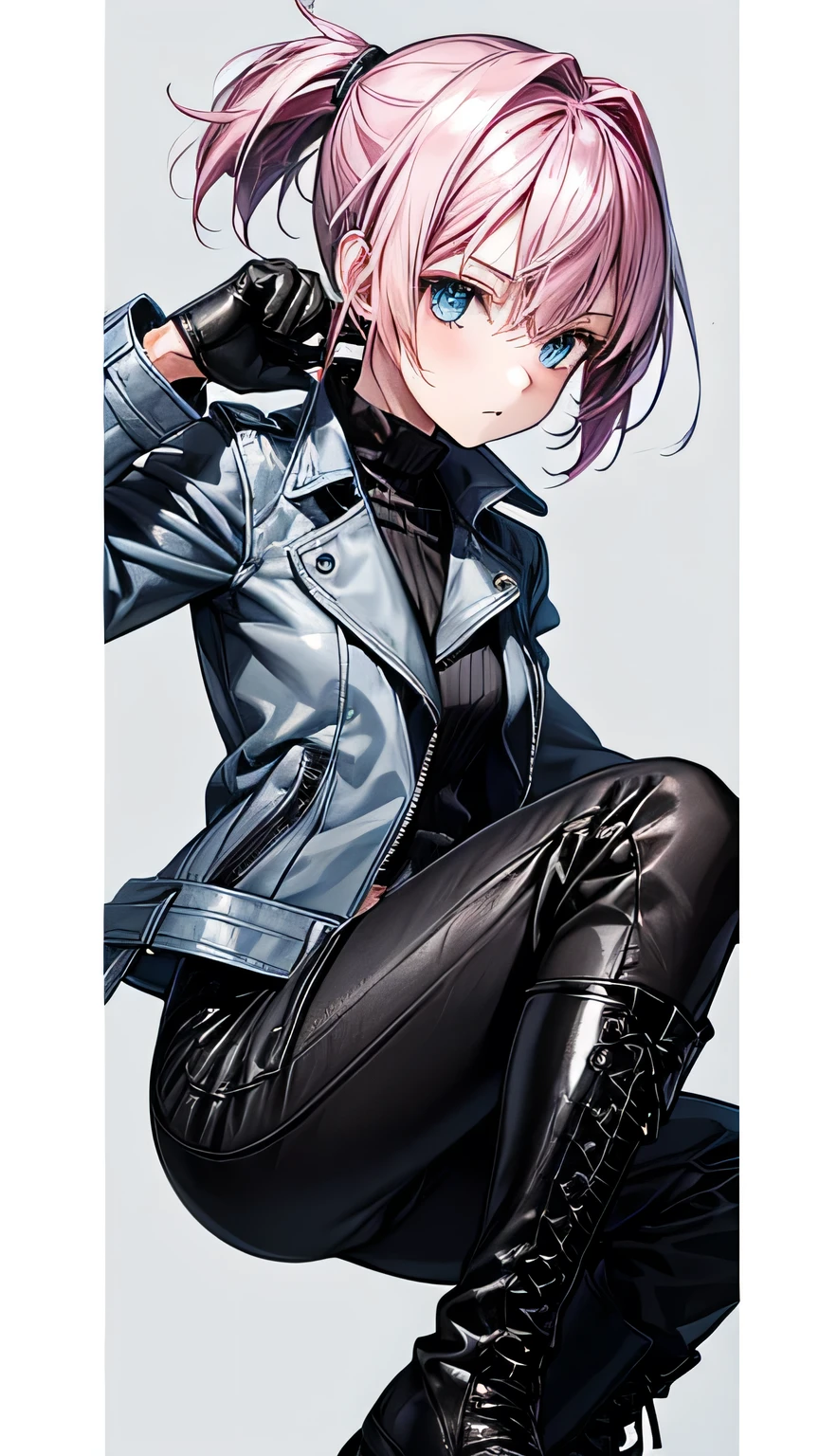   one girl， pink hair， short ponytail ， short hair， light blue eyes， grey leather jacket，black leather pants，black finger cutting gloves  ，  black boots，Around town，  best quality，  Masterpiece 