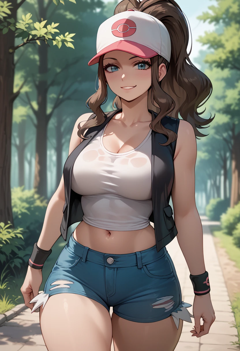 1girl, large breasts, large hips, small waist, large thighs, smug, pokemonhilda, blue eyes, brown hair, long hair, ponytail, baseball cap, blue shorts, denim, hat, shorts, vest, wristband, sleeveless, black vest, white shirt, shirt, outdoors, forest, walking,