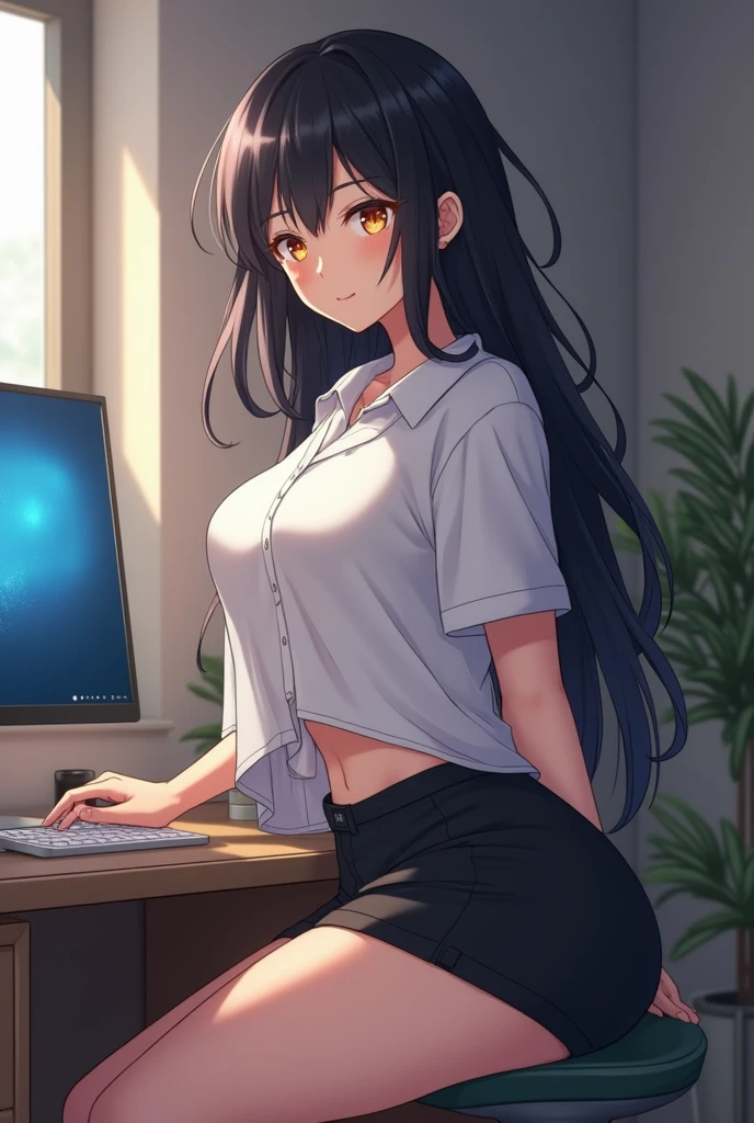 (8k, RAW foto, mejor calidad, (Obra maestra, super high quality, super detailed), anime style chica joven, random color of hair and style Absoluto, detalles intrincados, Mujer arafed apoyada en un escritorio con tres pantallas de computadora., showing stock charts, En frente de una computadora, sentado en una computadora desk, mirando el monitor, sentado frente a la computadora, sentado en una computadora, Comercio, sentado en un escritorio, Proveedores, Comercio stocks, centrado en el centro, sentado en el escritorio, accurately portrayed, A confident, curvy woman with a captivating smile, Cuerpo completo ((manos finas y detalladas)), mostrando su figura y una cintura bien definida, culata, vista trasera