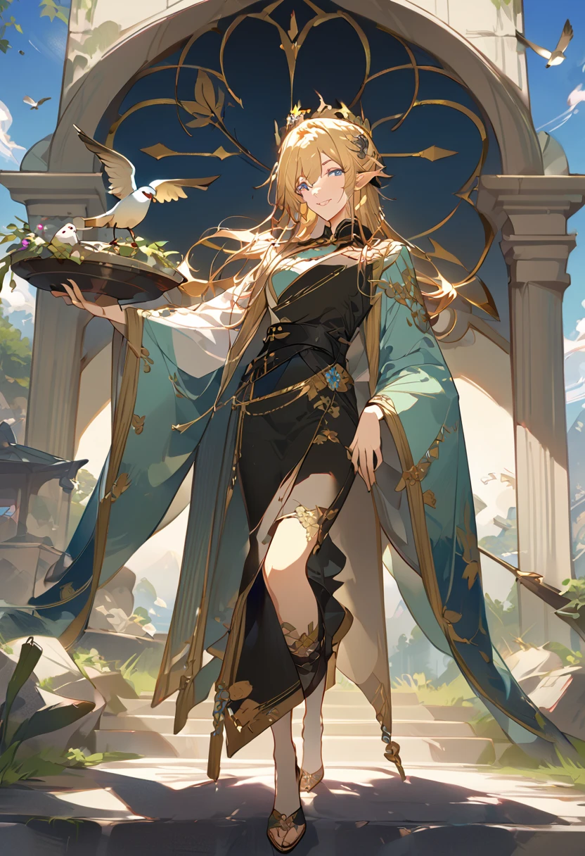 masterpiece, best quality, 8k ,4k , 1male, elf King, Golden Blond, Blue greenish eyes, gold wreath crown, hair ornament, long hair, finely detailed eyes and detailed face, looking at viewer, black sleeveless, half robe, patterned clothes, gold embroidery clothes, meticulous clothes, mature clothe, majestic looks, smiling gently, small bird, full body, inspired by Asukaziye artist : ask, art style : ask