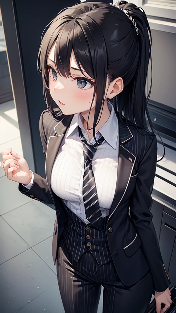 black necktie, Long sleeves, Pleated skirt, School uniform, Shirt, Skirt, sleeves rolled up, White shirt, cleavage,