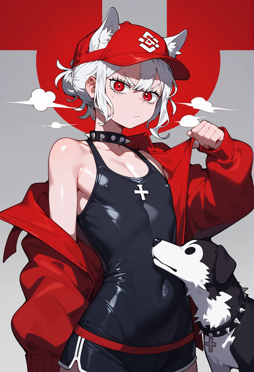 the embodiment of war as a femboy knight, helltaker demon boy 1, dog ears, cerberus, red eyes, short hair, red background, room background, detailed background, background with details, reflections, shadows and lights, black shorts, red eyes, alone, red and gray background, femboy, annoyed, displeased,Red cap, work clothes, pin on chest, steam, spiked collar, cross, carrying delivery backpack, shiny skin, shiny skin, black one piece swimsuit, loose red jacket