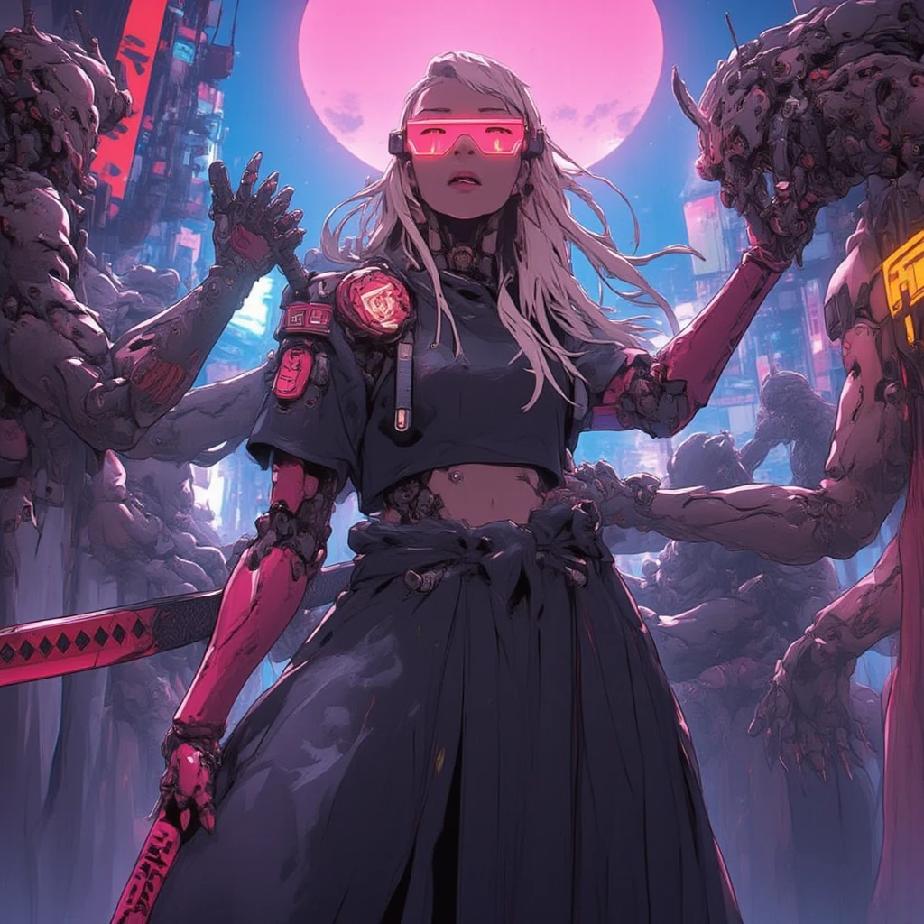 an close up battle sceen from woman with long hair and wearing digital red glasses and black croped top kimono with cyberweres and armors, she fights against several robots in 3D motion perspective view, she is in rage and anger and shouts, She is holding a red cyber katana in her hand with depth of field effect, front of a neon city background with full moon, the camera angle is slightly from bellow, 