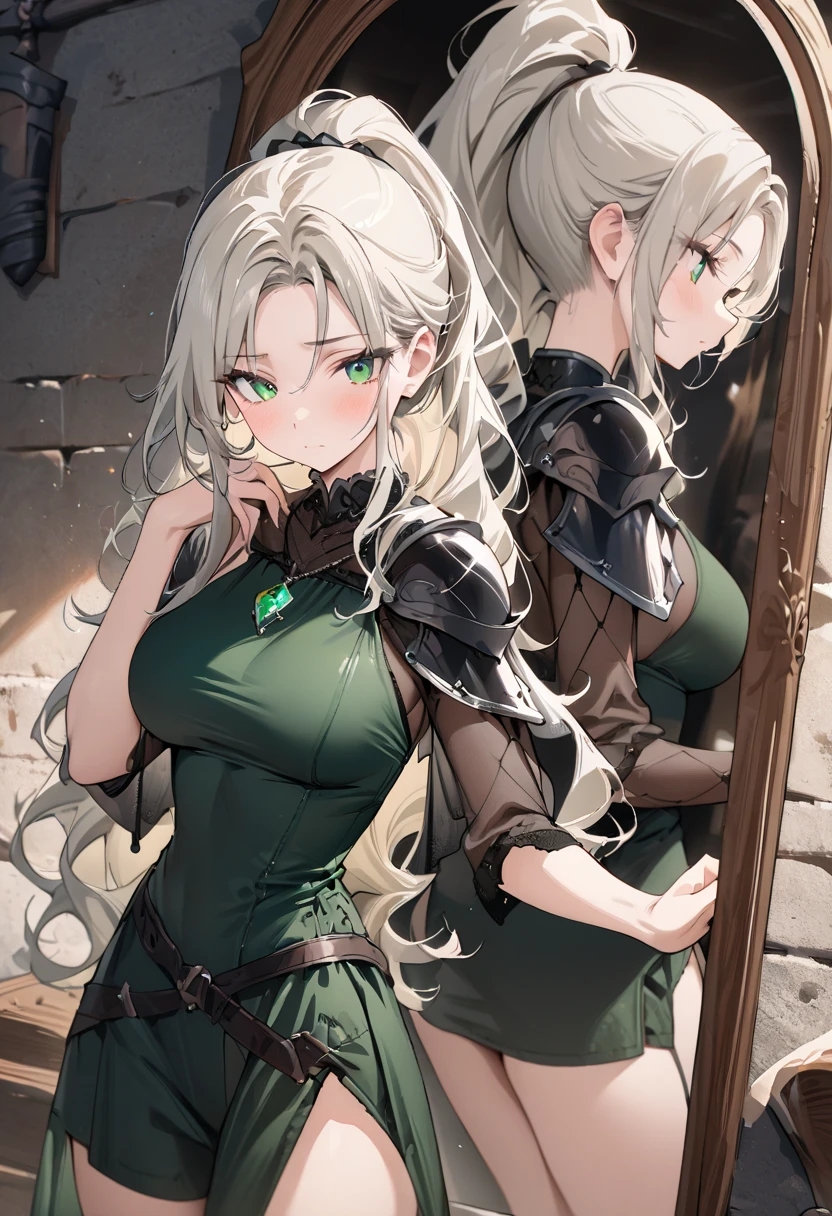 ((Masterpiece)), ((Masterpiece_portrait)), ((Best_qulity)), (unexposed), highres, distinct, distinct_image, hyper_detail, (detailed_face : 0.8), novel illustration, 1girl, solo, Platinum_Blonde_hair, wavy_hair, ponytail, green_eyes, sharp_eyes, close_mouth, large_breasts, veiny_breasts, slender, glamorous, slender_arm, slender_leg, Curved_beauty, sexy, sophisticated_leather_armor, tank_top, capri_pants, capelet, two_sleek_swords, green_pendant, medieval, Fantasy, looking_at_mirror 