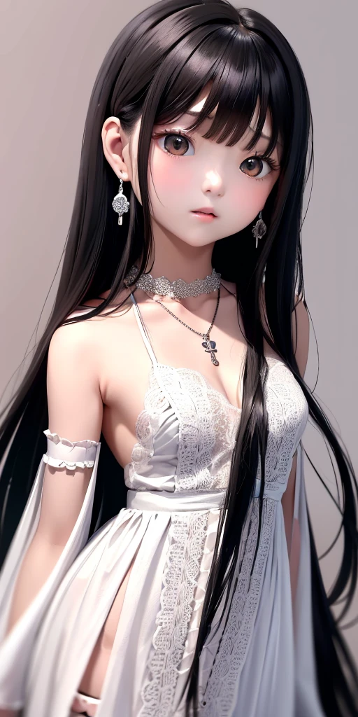 Top quality masterpiece illustrations、Black hair and black eyes、Wearing multiple necklaces、Girl in white skirt looking up、Beautiful face with hair on the side long hair at the angle of the lower body is fair.