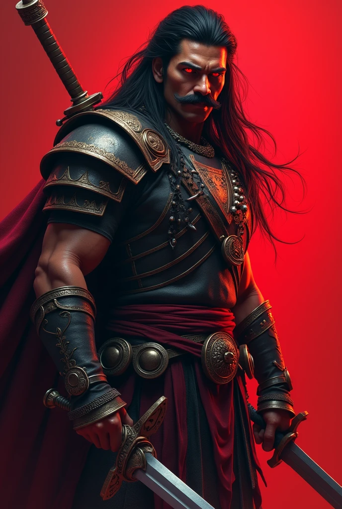 Warrior sunset long hair scars on face beard black hair holding a mangrove that has 3 small metal dragon heads wearing a reddish armor resembling dragon scales enraged face sawing teeth --auto --s2
