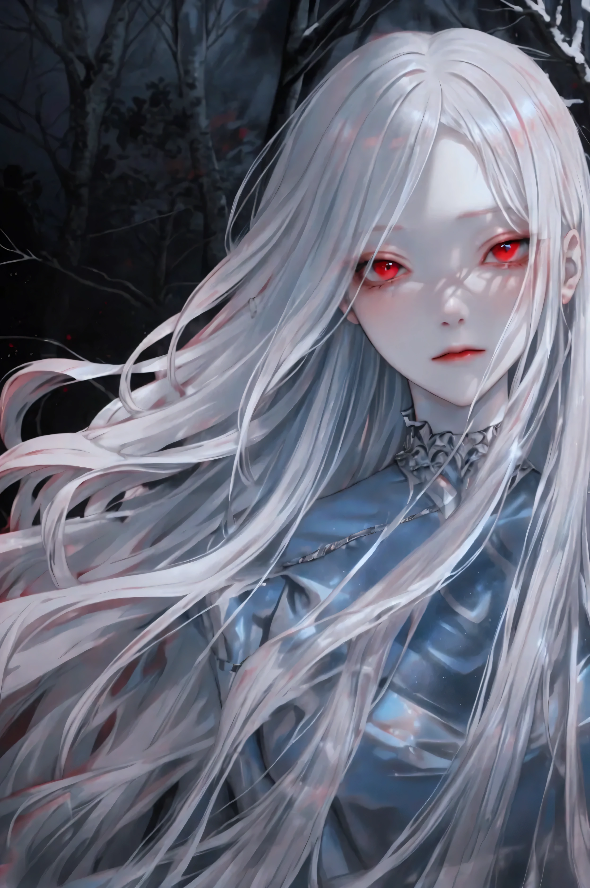 illustration, best quality, highly detailed, 1girl, silver hair, long flowing hair, crimson red eyes, porcelain white skin, emotionless expression, wearing a flowing icy blue dress, delicate and ethereal beauty, cold mist surrounding her, faint glowing frost on the ground, dark forest background, faint moonlight filtering through the trees, mysterious and otherworldly atmosphere
