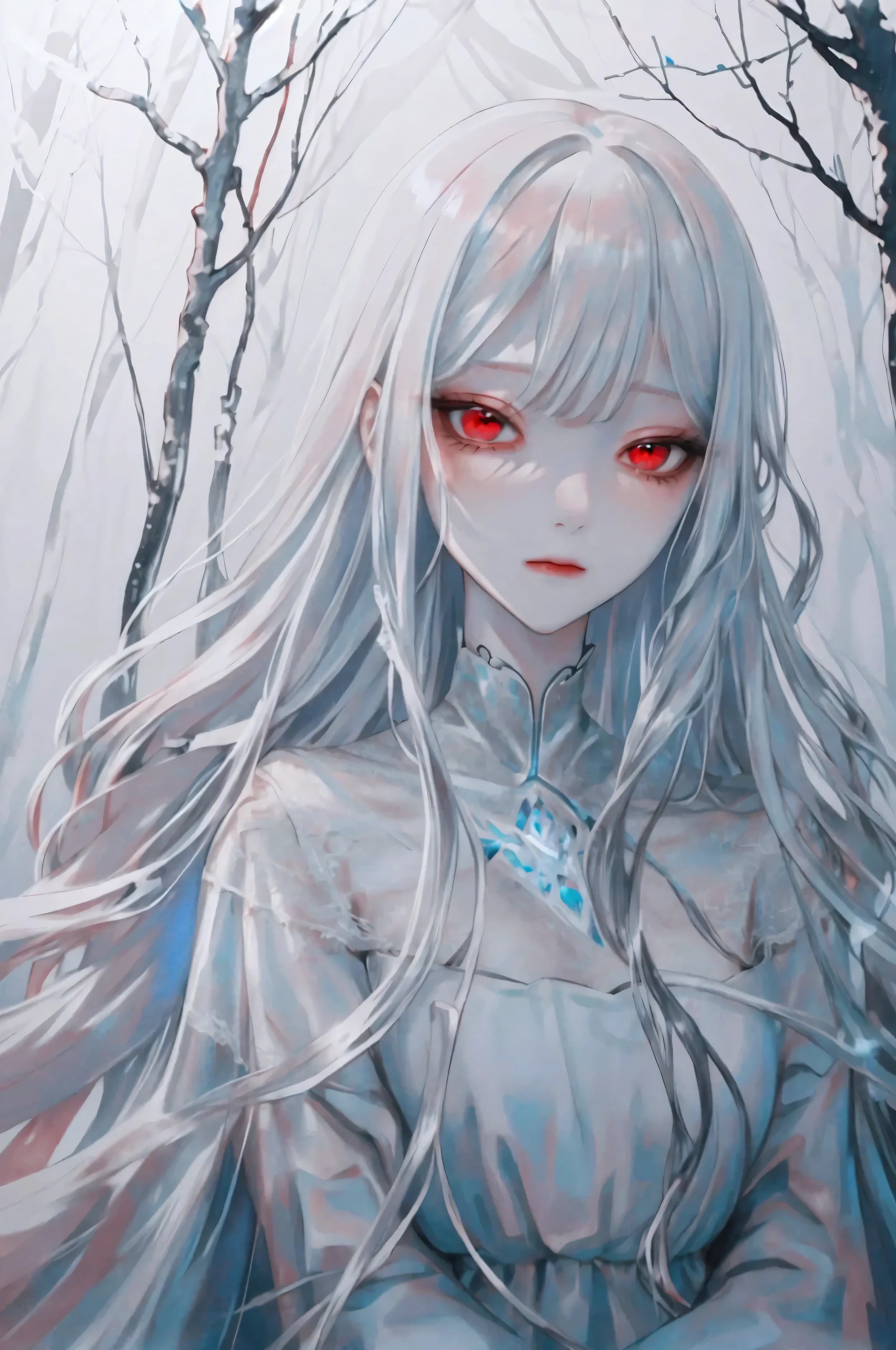 illustration, best quality, highly detailed, 1girl, silver hair, long flowing hair, crimson red eyes, porcelain white skin, emotionless expression, wearing a flowing icy blue dress, delicate and ethereal beauty, cold mist surrounding her, faint glowing frost on the ground, dark forest background, faint moonlight filtering through the trees, mysterious and otherworldly atmosphere
