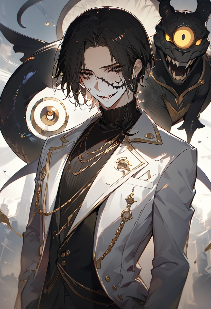 masterpiece, best quality, 8k ,4k , 1 male, demon, pointed ears, jet black hair, black eyes with gold eyeball, finely detailed eyes and detailed face, looking at viewer, scary smile, meticulous clothes, black turtle neck clothes, white coat, white turtle neck coat with gold, long coat, patterned clothes, majestic looks, sharp looks, shadows, inspired by Asukaziye artist : ask, art style : ask