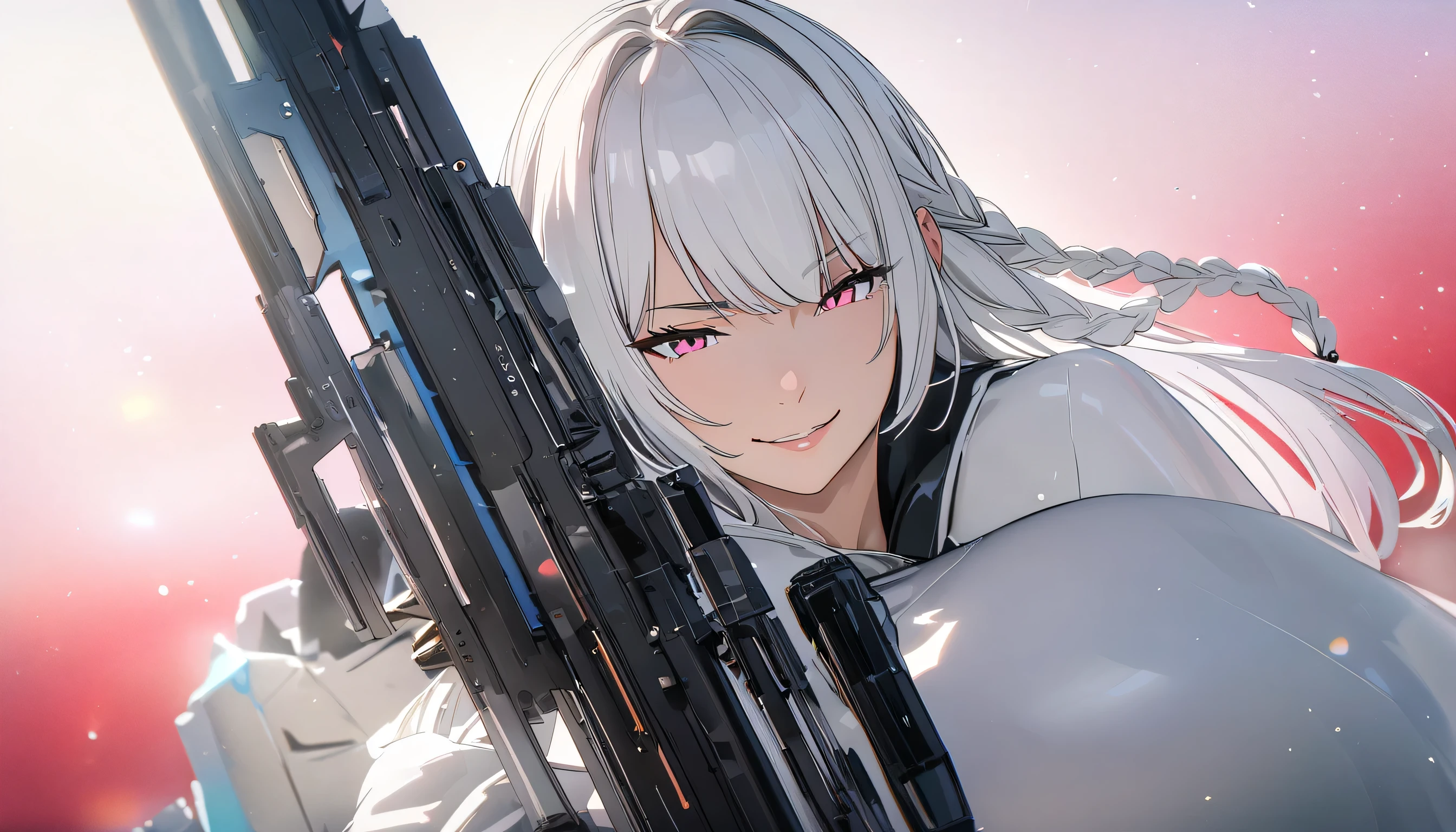 (masterpiece, UHD, 8K, 16K, ultra detailed, best quality:1.2), illustration, yuri, 2girls, (duo focus), Ily(girl on left, white long braided hair, hair over one eye, pink eyes, smirk, wearing black skimpy bodysuit, sniper rifle), rize(girl on right, short white hair with red gradient, Golden eyes. rainy bangs, wearing white bodysuit), high resolution, depth field, warzone, luscious figure, side by side