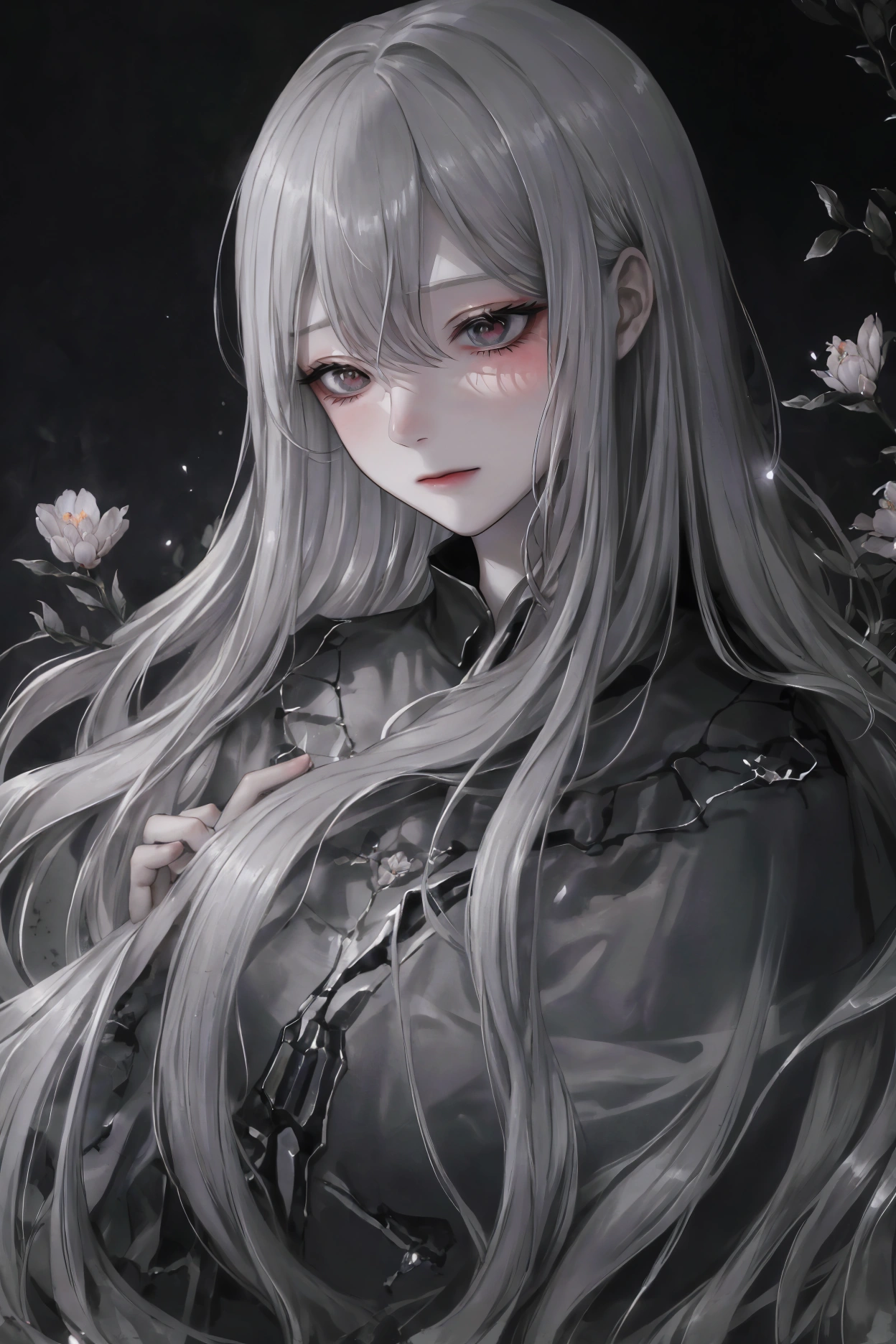 illustration, best quality, highly detailed, melancholic and ethereal atmosphere, 1girl, standing amidst withering flowers, long flowing hair, gentle smile, reaching out with delicate hands, glowing petals scattering in the dark, faint halo, mysterious silver "Ark" hovering beside her, shadowy figure of the Watcher in the background, head tilted upwards, sorrowful expression, dark cloudy sky with a faint light piercing through, soft glowing mist, atmosphere of loss, longing, and divine sorrow
