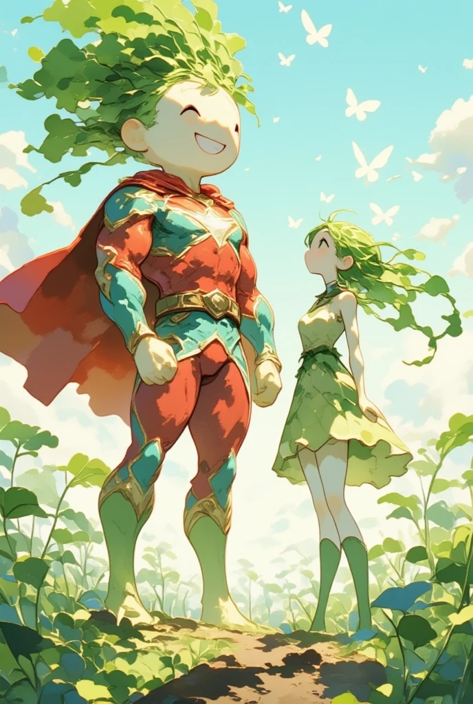 Fantasy art. Two daikons standing side by side. (Left daikon is a daikon character. He is a tall Super Hero. Muscular and fat. refreshing smile. Wrestling uniform with Fluttering Cape covers the torso and reaches down to mid-thigh. dynamic colors red and blue with contrasting stripes.) (Right daikon is a slender daikon lady in green dress and boots. long green hair, green eyes. she is smiling and looking up at his face.) Several white butterflies are flying above their heads. at the large daikon field.