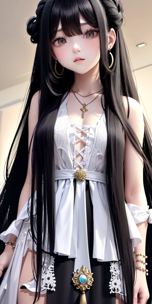 Best quality, masterpiece, (fidelity: 1.2), 1 girl, black hair. Black eyes. Long curly hair. Eyes filled with tears. Cover your chest with your right hand.