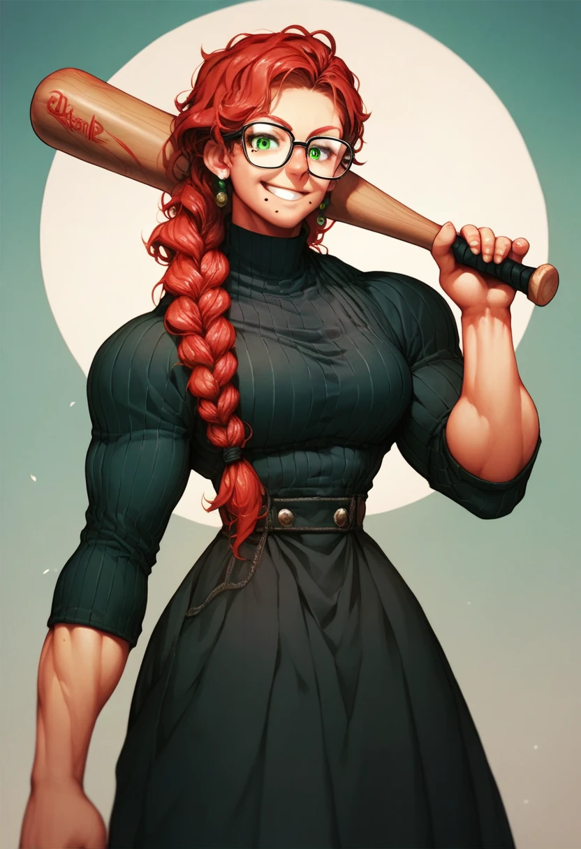 
(Waist-length, reddish), curly braided braid, green eyes, broad chin, large bust, muscular, large glasses, 1940s black dress, broad shoulders, 28 years old, mole on chin, dance move, 
evil smile, baseball bat