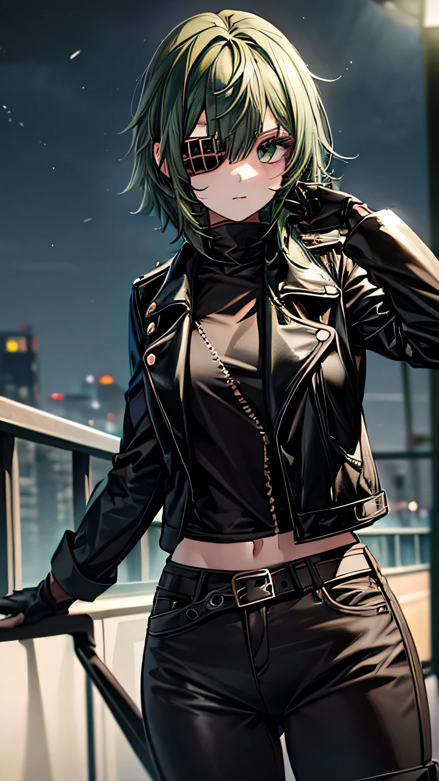   one girl，  green hair，  shortcut that doesn't shed bangs，  shortcut that doesn't shed bangs， eye patch(Right eye only)， Green Eyes(left eye only)，  black leather jacket， Black Leather Pants ，black finger cutting gloves  ，  black boots，Around town at night，  is amazing before the competition ，  best quality，  Masterpiece 