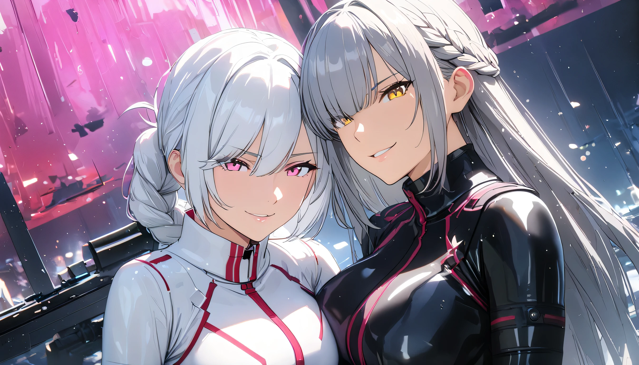 (masterpiece, UHD, 8K, 16K, ultra detailed, best quality:1.2), illustration, yuri, 2girls, (duo focus), Ily(girl on left, white long braided hair, hair over one eye, pink eyes, smirk, wearing black skimpy bodysuit, sniper rifle), rize(girl on right, short white hair with red gradient, Golden eyes. rainy bangs, wearing white bodysuit), high resolution, depth field, warzone, luscious figure, side by side
