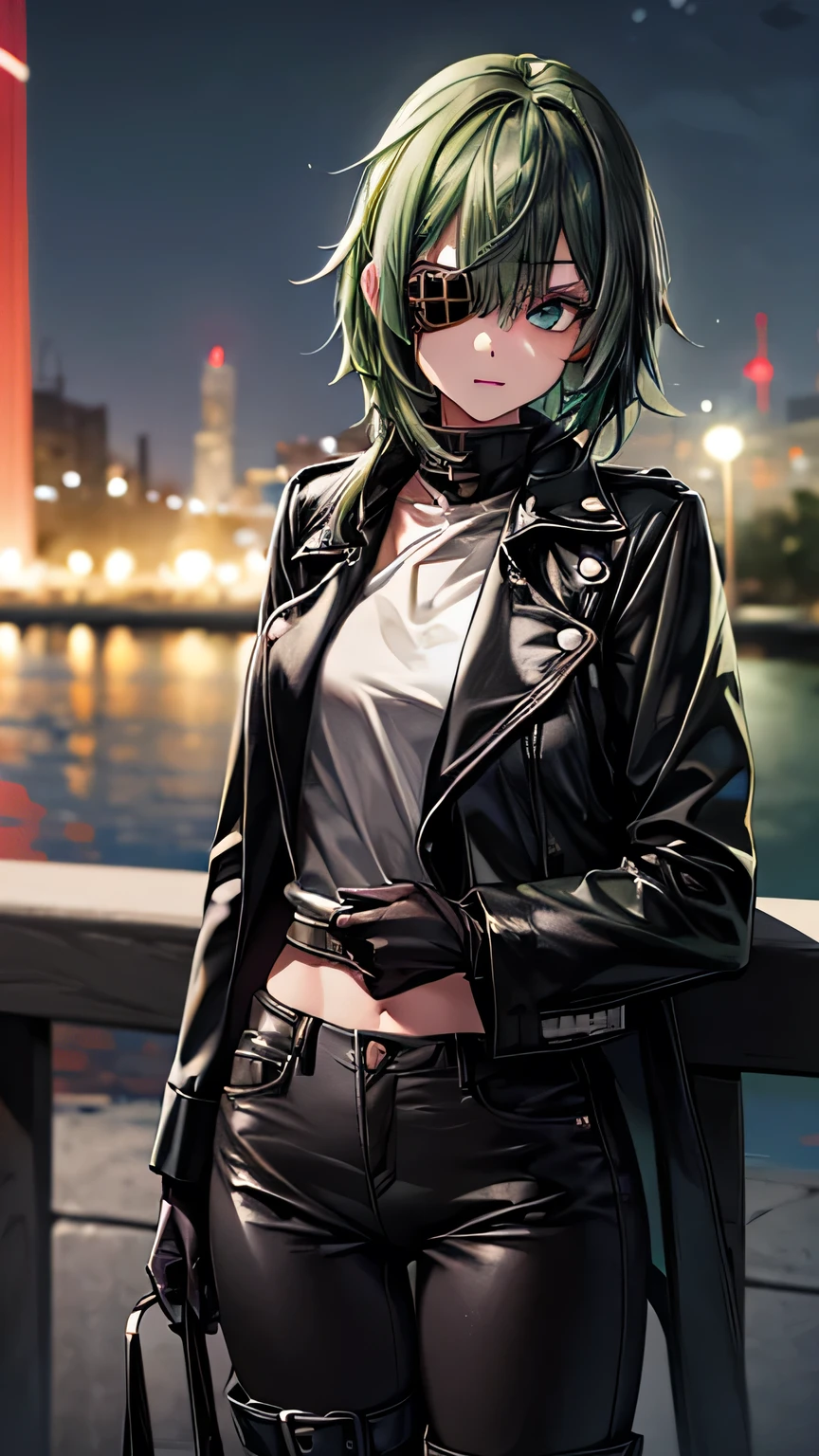   one girl，  green hair，  shortcut that doesn't shed bangs，  shortcut that doesn't shed bangs， eye patch(Right eye only)， Green Eyes(left eye only)，  black leather jacket， Black Leather Pants ，black finger cutting gloves  ，  black boots，Around town at night，  is amazing before the competition ，  best quality，  Masterpiece 