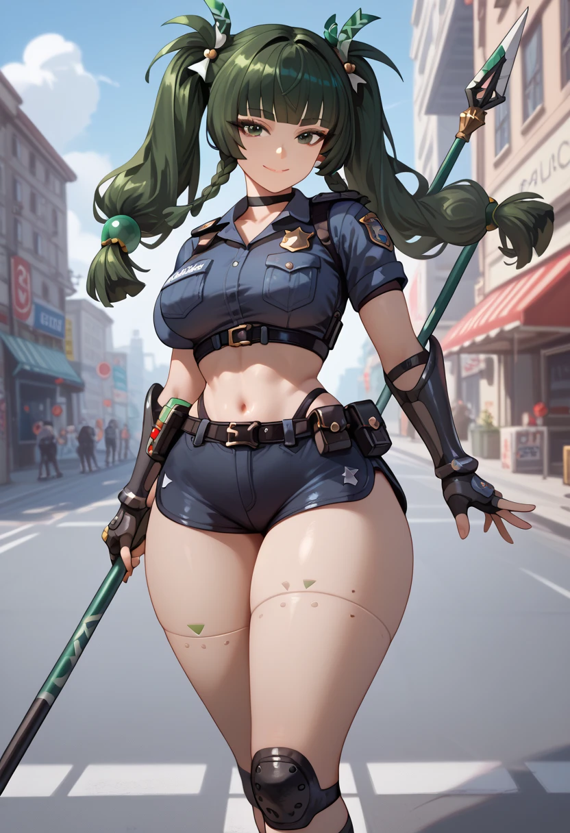 ultra-detailed, 1girl, qingyi, Zenless Zone Zero, (best quality), ((masterpiece)), (highres), 16K, green eyes, green hair, long hair, twintails, blunt bangs, hair bobbles, side braids, hair ornament, robot joints, choker, police uniform, knee pads, elbow gloves, black sneakers, gauntlets, fingerless gloves, bootyshorts, busty body, large breasts and a beautiful ass, showcasing cleavage, legs, hips, holding spear, looking at viewer, smile, detailed full body, thigh details, street background, wide hips, big ass, thick thighs 