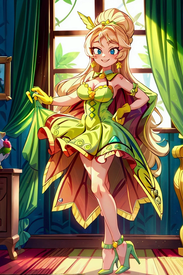 (masterpiece, best quality), 1girl, red and green frill dress, blonde long hair, blue eyes, standing, indoor, intricate detail, sunlight,  green high heel shoes, yellow gloves, earrings, smile, sexy pose, coquette, gorgeous legs, mature woman body, lovely, gorgeous body, pronounced breasts