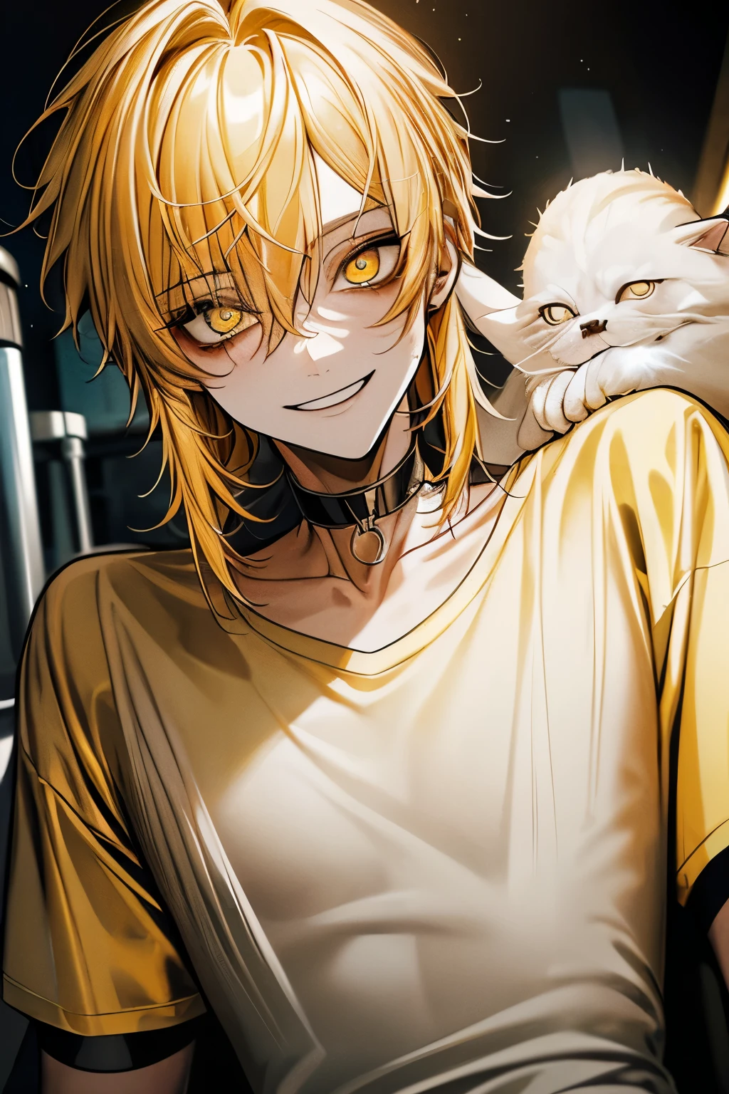 Top Quality, masterpiece, high resolution, 8k, male, yellow hair , Yellow eyes , White T-shirt, A white laboratory with nothing, smile, black choker inside the lab