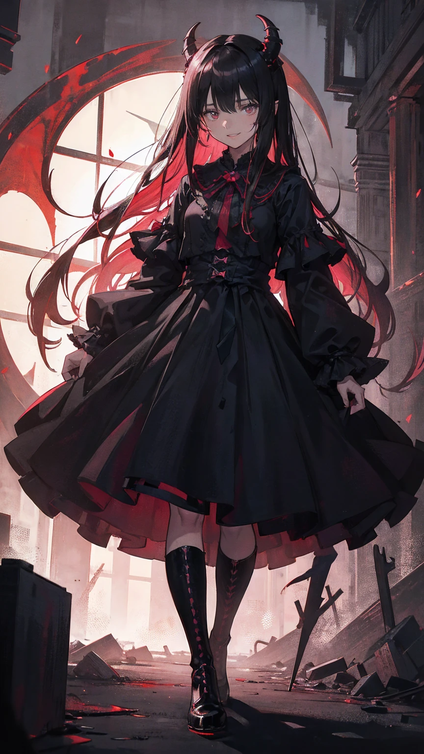 ((Masterpiece: 1.4, Best Quality))+,(Ultra Detail)+, Official Art, Unity 8k Wallpaper, Ultra Detailed, Beautiful, High Quality, Beautiful, Masterpiece, Best Quality, (Flat Chest), Full Body, Standing Painting, White Background, Red Straight Hair, Gloomy Eyes, Black Little Snake, White Theme, Red Jewelry, Studs, Black Lace Flats, Asymmetrical Skirt, Blood Stains on Skirt, Devil, Skeleton, Lots of Lace