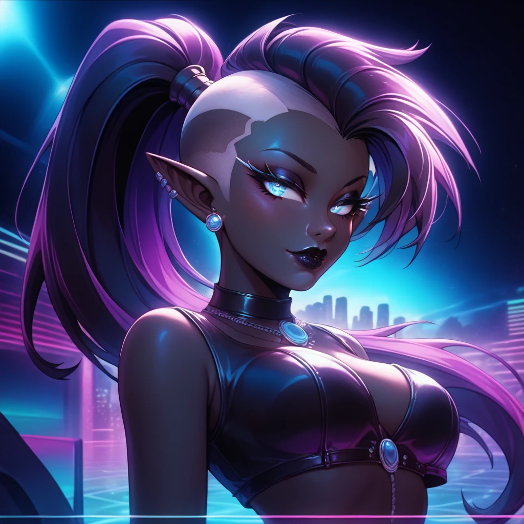 score_9, score_8_up, score_7_up, ((Masterpiece)), ((highres)), ((1person, 1girl, 1female)), Random poses, beautifully detailed succubus girl, ((white mohawk w/ponytail)), defined elf ears with ear guages, defined eyes, pastel iris, long eye lashes, defined nose, black lipstick, curvy, leather, (((Black skin))), black demon horns, breasts, night sky, neon light, neon gothic style, gothic style art, gothic asthetic, (((retrowave background))), waist shot,
