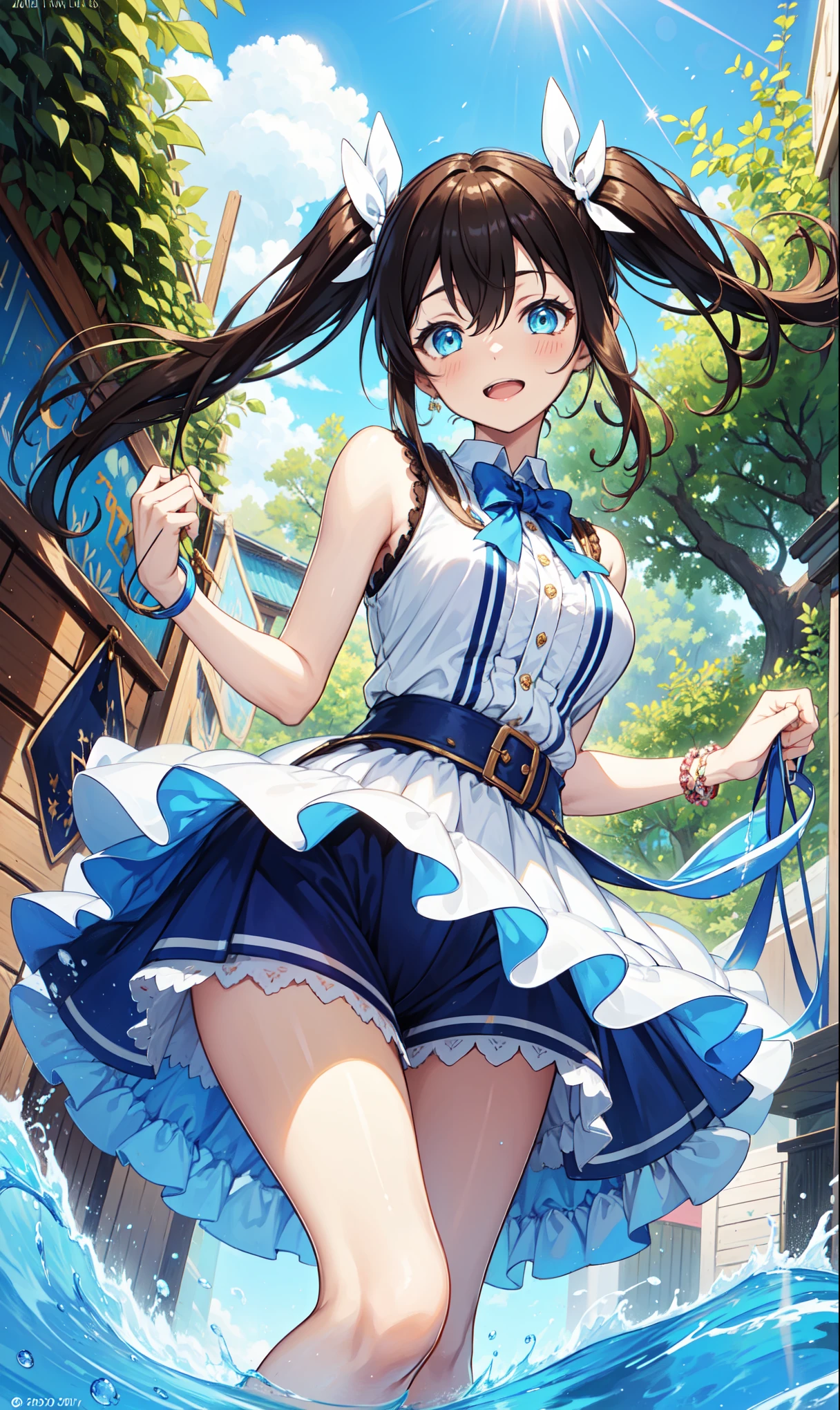 10 year old girl underwear, Realistic bloomers made from patterned cotton fabric, Medieval one-piece dress with panniers, Fabric Realism, Low - Angle, I see bloomers, Pull up the dress by hand, Strong winds, Translucent slip, Translucent slip, tights, Highest quality, Crotch close-up, whole body