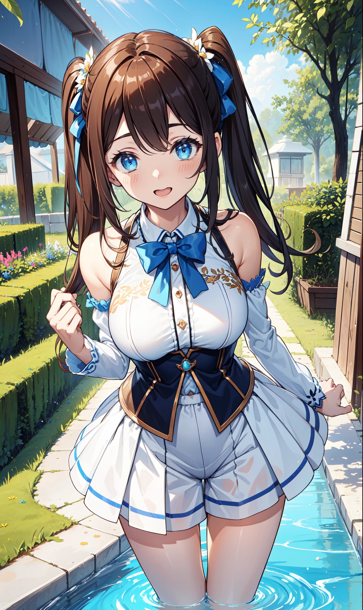 Girl, kneeling down, looking up at viewer, close to viewer, head at viewers waist level, breasts, cleavage, cute