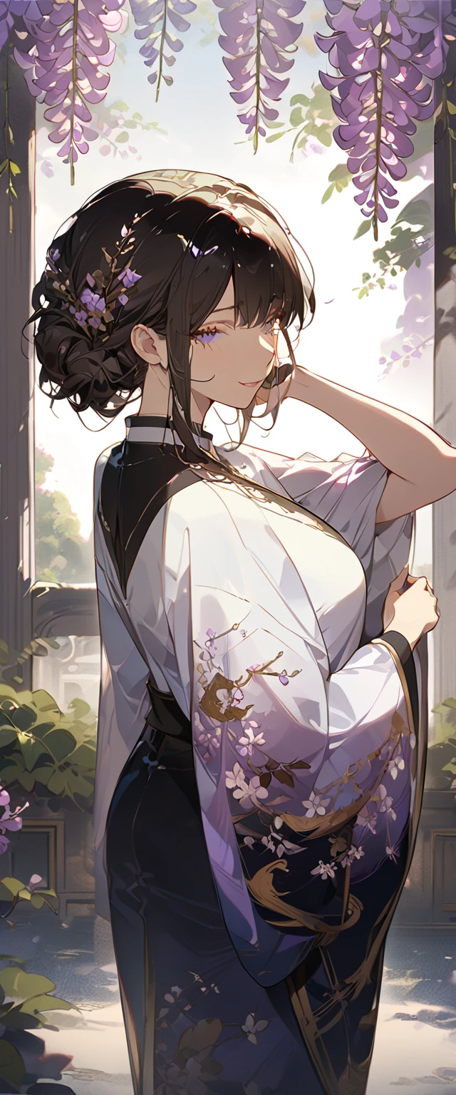 wisteria flower, wisteria tree, wisteria background, 8k ,4k , best quality, high quality, masterpiece, embroidery  clothes, big chest, all kind of hairstyle, inspired by Asukaziye artist : ask, art style : ask