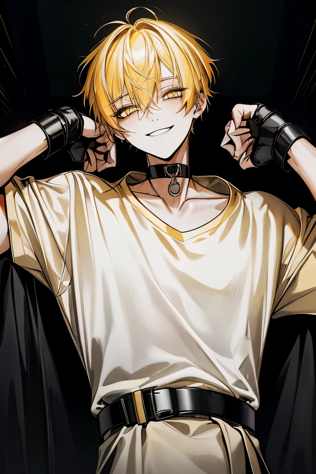 Top Quality, masterpiece, high resolution, 8k, male, yellow hair , Yellow eyes , White T-shirt, A white laboratory with nothing, smile, black choker inside the lab, black belts