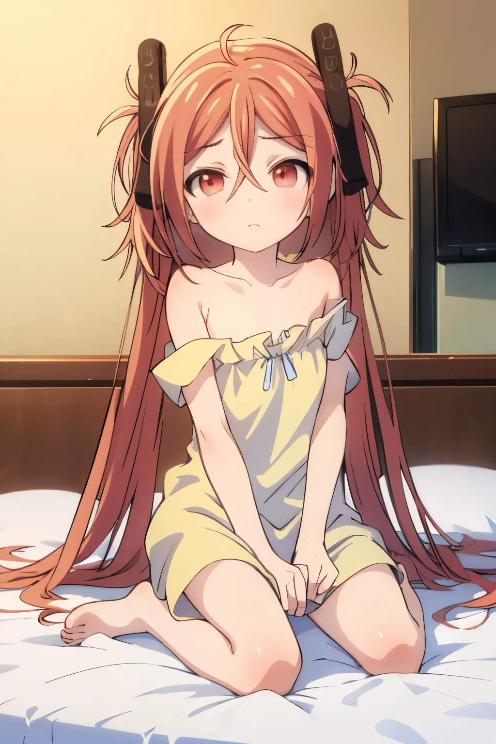 enju aihara, red hair, pajamas, one bare shoulder, barefoot, messy bed, sleepy, rubbing one eye, long hair, sleepwear, oversized clothes, sit on bed, looking at viewer