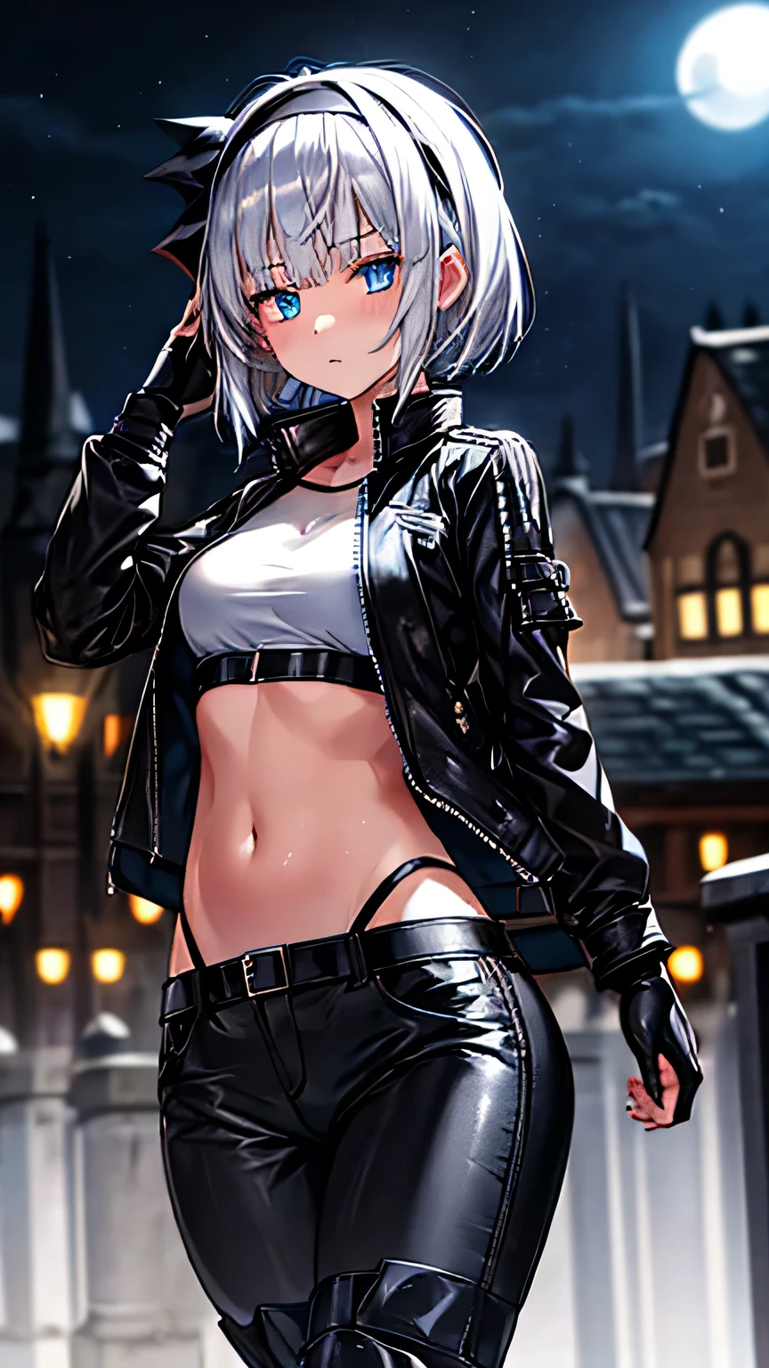   one girl， Silver Hair，  shortcut that doesn't shed bangs， black headband， blue eyes， green leather jacket， Black Leather Pants ，black finger cutting gloves  ，  black boots，Around town at night，  is amazing before the competition ，  best quality，  Masterpiece 