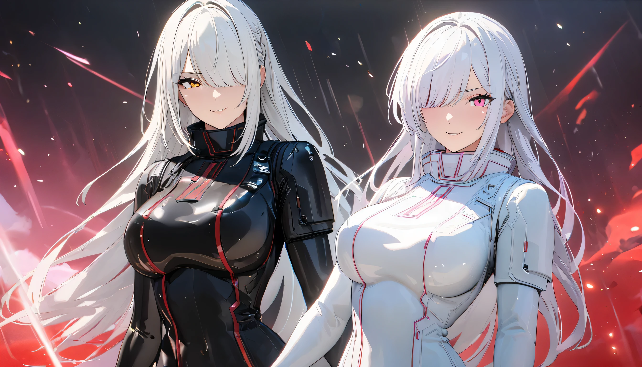 (masterpiece, UHD, 8K, 16K, ultra detailed, best quality:1.2), illustration, yuri, 2girls, (duo focus), Ily(girl on left, white long braided hair, hair over one eye, pink eyes, smirk, wearing black bodysuit), rize(girl on right, short white hair with red gradient, Golden eyes. rainy bangs, wearing white bodysuit), high resolution, depth field, Warzone, luscious figure, side by side, holding sniper rifle, war background, mecha