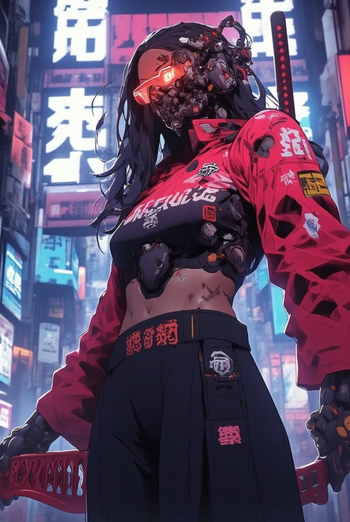 an close up battle sceen from woman with long hair and wearing digital red glasses and black croped top kimono with cyberweres and armors, she fights against several robots in 3D motion perspective view, she is in rage and anger and shouts, She is holding a red cyber katana in her hand with depth of field effect, front of a neon city background with full moon, the camera angle is slightly from bellow, 