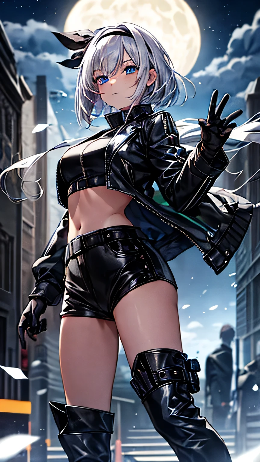   one girl， Silver Hair，  shortcut that doesn't shed bangs， black headband， blue eyes， green leather jacket， Black Leather Pants ，black finger cutting gloves  ，  black boots，Around town at night，  is amazing before the competition ，  best quality，  Masterpiece 