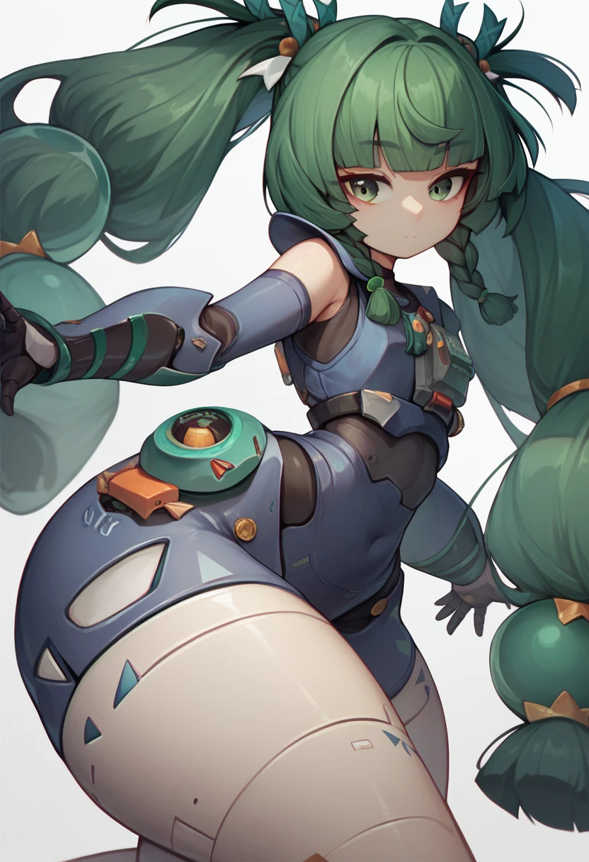 qingyi, green eyes, green hair, very long hair, twintails, blunt bangs, hair bobbles, side braids, hair ornament, robot joints, wide hips, big ass, thick thighs 