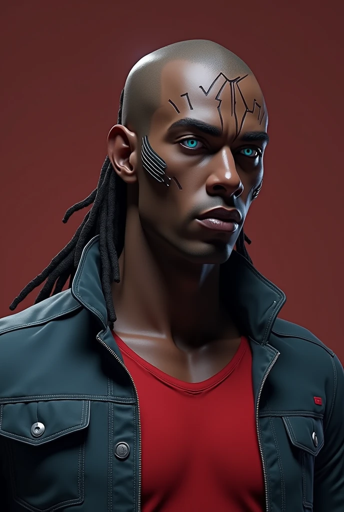 1full body mechanical black man,(standing), (((ultra realistic details)), portrait, global lighting, shadows, octane render, 8k, ultra sharp, metal, intricate, detailed ornaments, cool colors, egyptian detail, highly intricate details, realistic light, trend in cgsociety, bright eyes, front camera, neon details, mechanical limbs, blood vessels connected to tubes, mechanical vertebra attaching to the back, mechanical cervial attaching to the neck, sitting, wires and cables connecting to the head