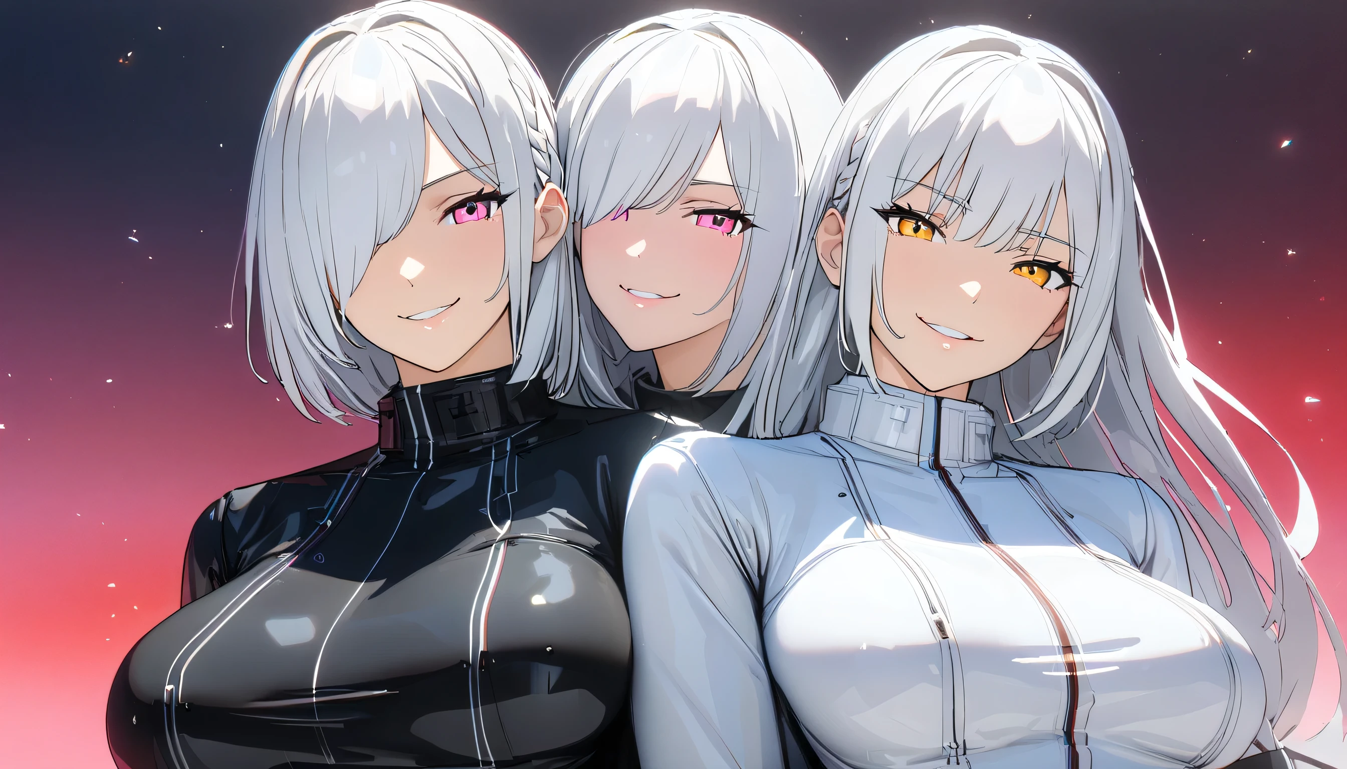 (masterpiece, UHD, 8K, 16K, ultra detailed, best quality:1.2), illustration, yuri, 2girls, (duo focus), Ily(girl on left, white long braided hair, hair over one eye, pink eyes, smirk, wearing black skimpy bodysuit, sniper rifle), rize(girl on right, short white hair with red gradient, Golden eyes. rainy bangs, wearing white bodysuit), high resolution, depth field, warzone, luscious figure, side by side, mecha