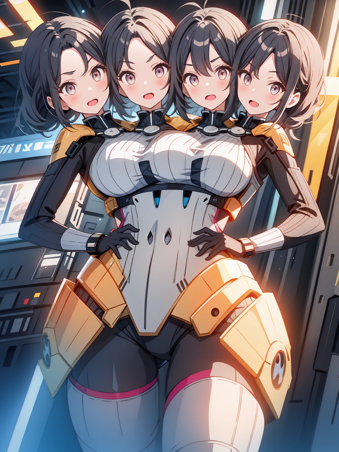 Multiple robot women, 
 All of them have perfect human female faces.,
 Everyone except their faces are machines.,
 Everyone is not wearing clothes,
 brown hair,
 wavy hair,
 hazel eyes,
 very detailed,
 smile,
 Everyone is a machine except for their faces.,
 All have mechanical limbs,
 No clothes for everyone,
 All exposed internal skeletons,
 Everyone has a different colored internal skeleton.,
 Everyone is a skeleton from the neck down,
 full body shot, 
 Millions of Robot Girls,
 Crowded,
 Marching robot girls in the background,
 Everyone is showing each other their bodies,
 embarrassing