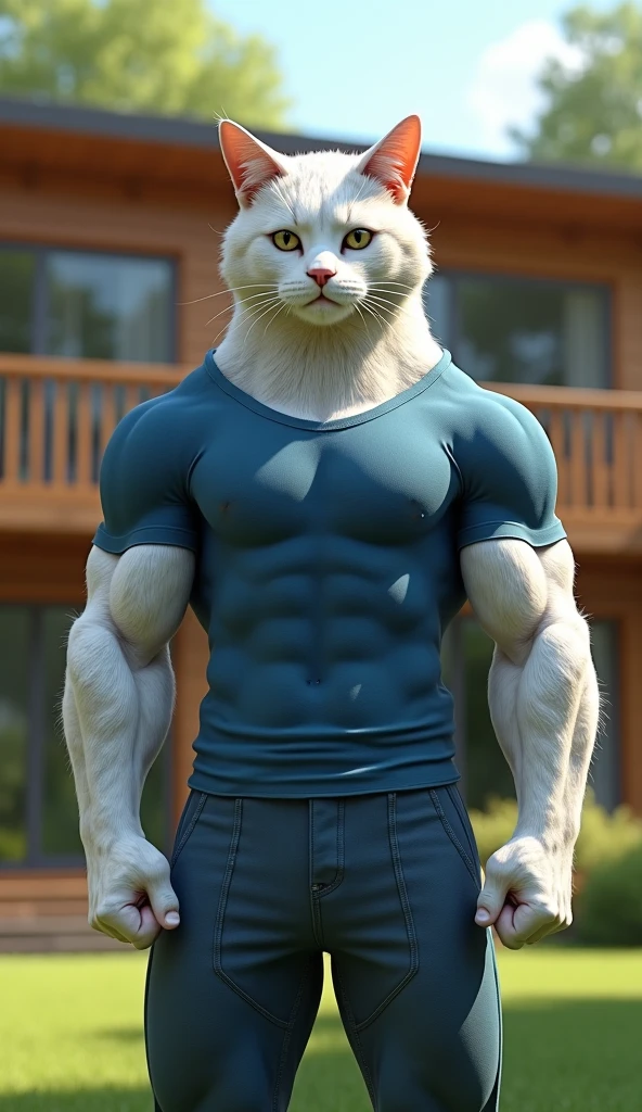 a cat, blue, cute cat, shirtless, white shorts, muscular, on a gray background