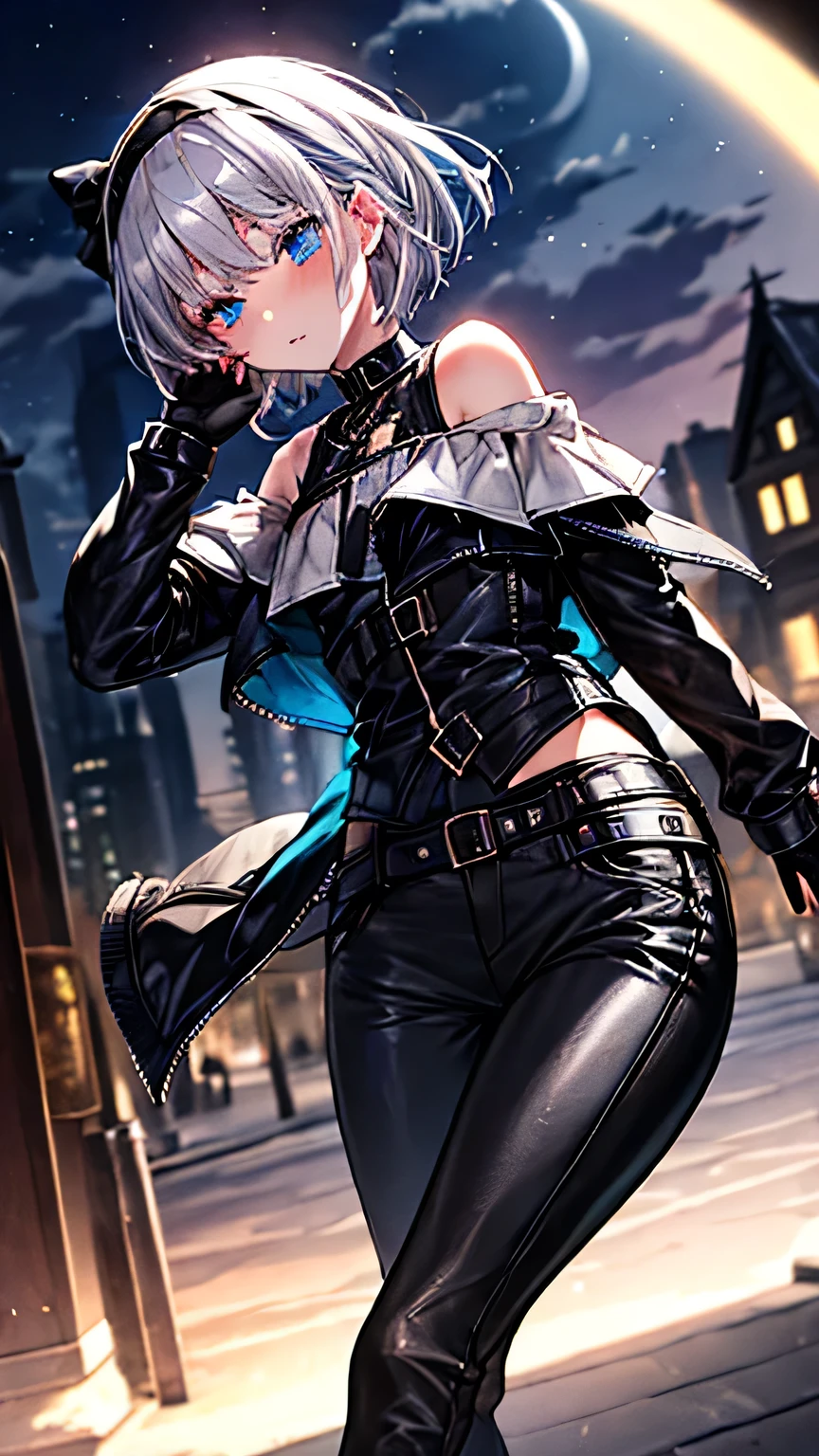   one girl， Silver Hair，  shortcut that doesn't shed bangs，headband with black ribbon， blue eyes， green leather jacket， off shoulder， Black Leather Pants ，black finger cutting gloves  ，  black boots，Around town at night， best quality，  Masterpiece 