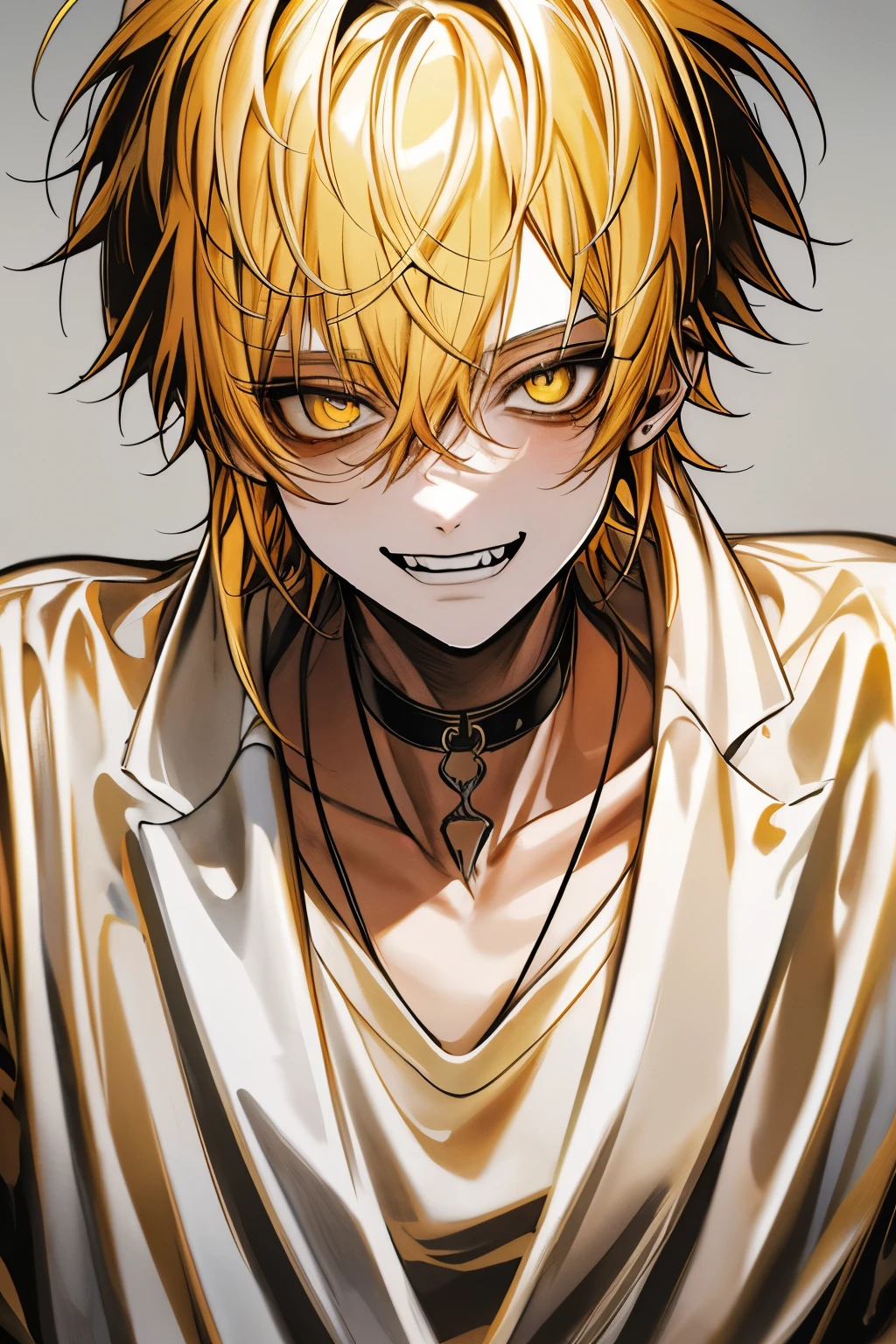 Top Quality, masterpiece, high resolution, 8k, male, yellow hair , Yellow eyes , White T-shirt, A white laboratory with nothing, Laughing face, Cover your mouth with your hand, , black choker inside the lab