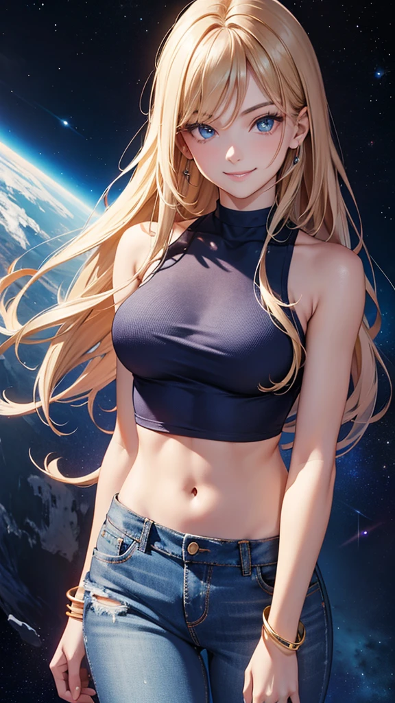  women dressed in jeans and trendy top ,  smiling,  Long straight hair , very well detailed eyes, fashion bracelets ,  with an athletic body, very sensual and provocative posing on a space background 