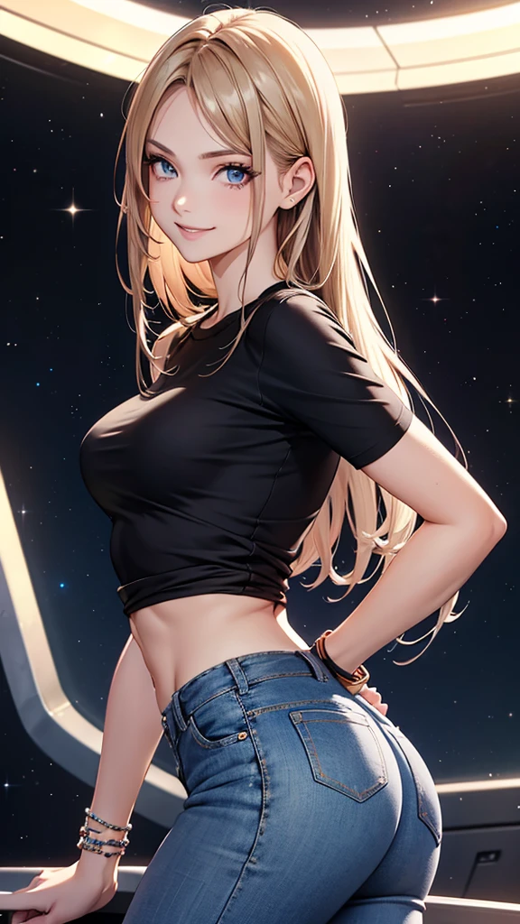  women dressed in jeans and trendy top ,  smiling,  Long straight hair , very well detailed eyes, fashion bracelets ,  with an athletic body, very sensual and provocative posing in a space background