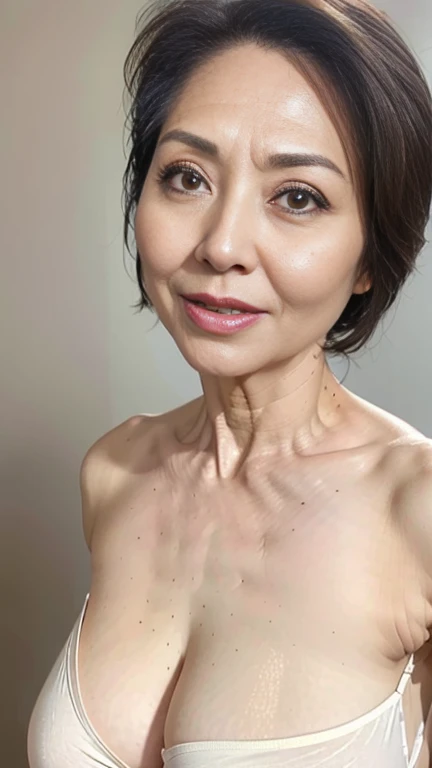 (65 years old:1.5),gray hair,(there are many wrinkles on her face:1.35),old woman,sexy posing,beautiful hip, ponytail hair,(look embarrassed,orange lingerie:1.2),sexy pose