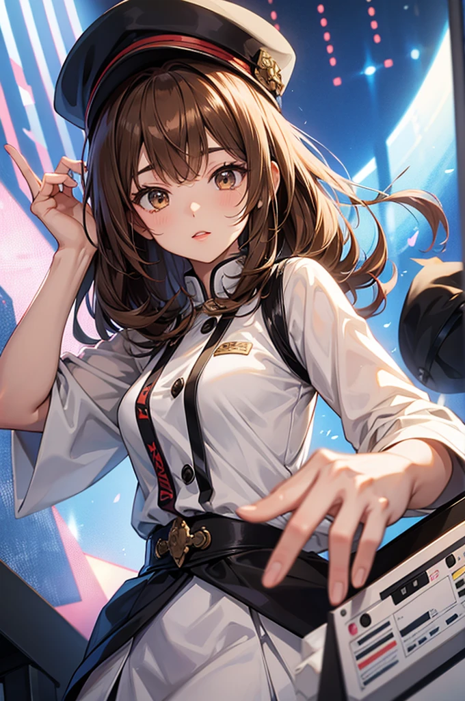 a tall anime girl playing a keyboard with her hands in the air, 1girl, solo, brown hair, hat, 