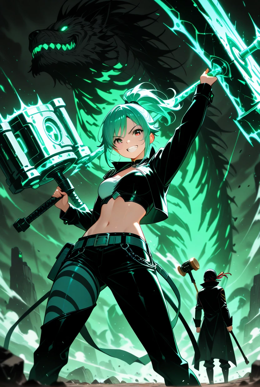 masterpiece, best quality, absurdres, 1girl, makoto sinkai:1.77, grin, asymmetrical clothes, stripes ,  high ponytail, aqua tone, black jack, holding weapon, holding giant hammer, fiend, smith